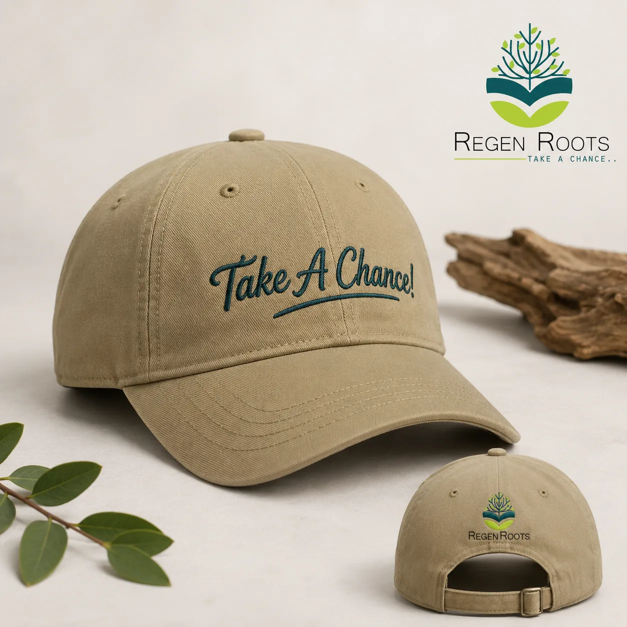 Sand RegenRoots cap with teal Take A Chance embroidery