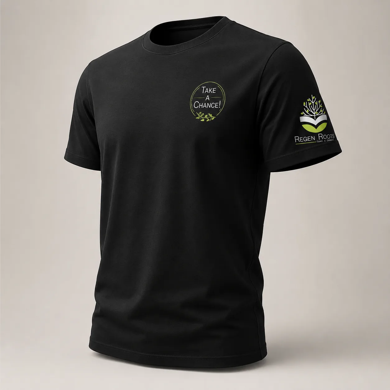 Black RegenRoots T-shirt with Take A Chance chest print and sleeve logo