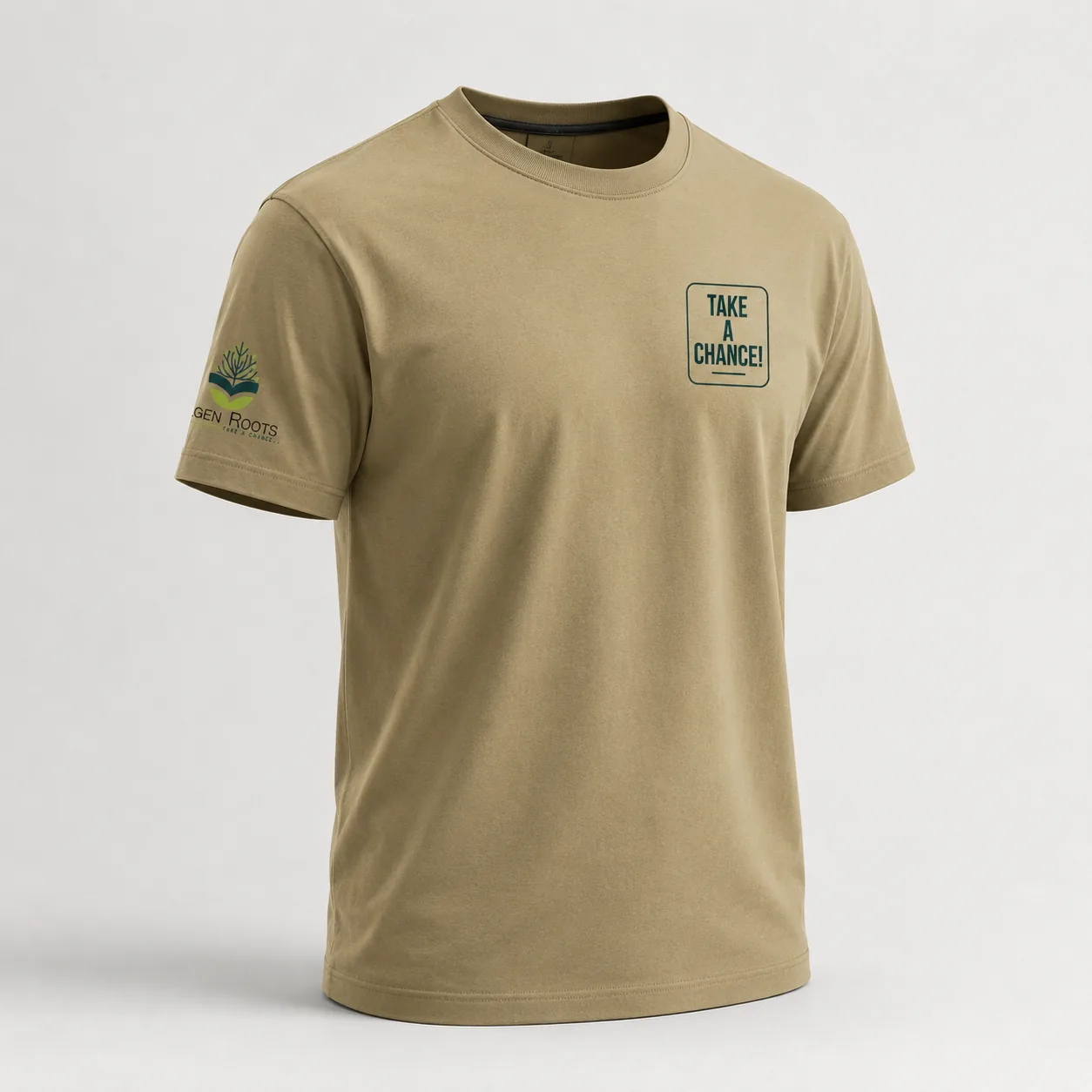 Sand RegenRoots T-shirt with boxed Take A Chance chest print